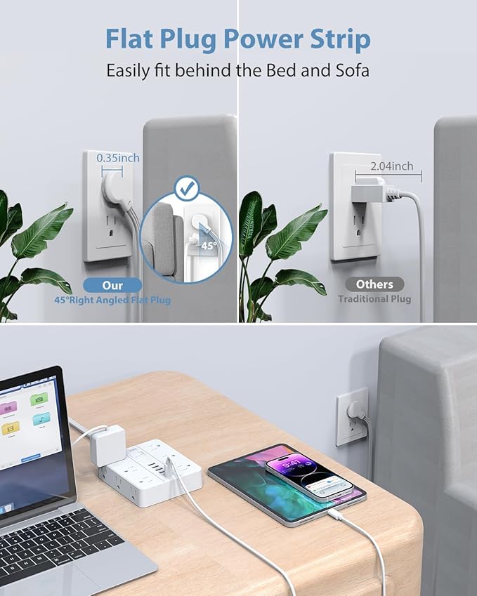 Power Strip Flat Plug with 12 Outlets 6 USB, SMNICE Surge Protector Charging - Image 6