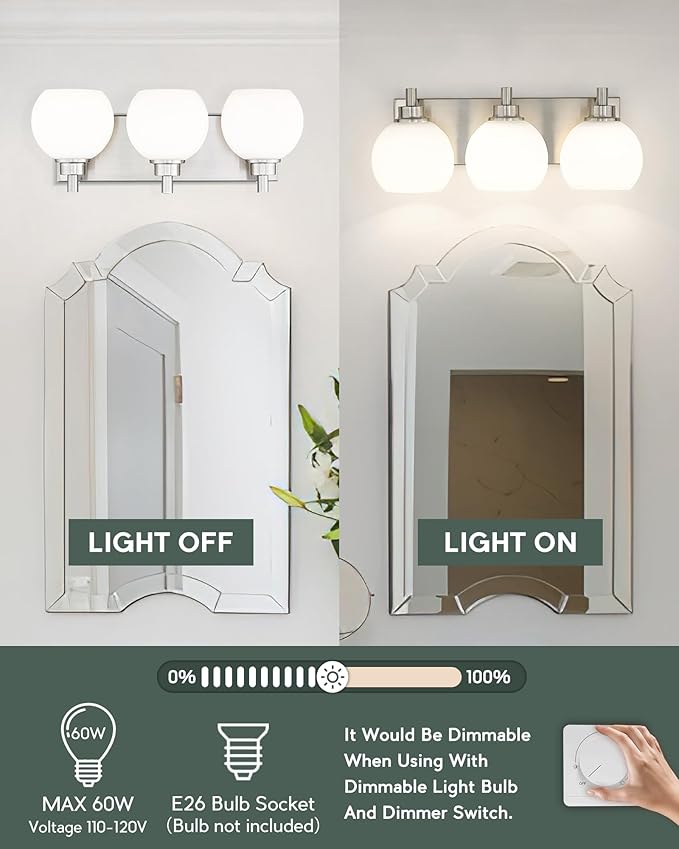 METWET Bathroom Light Fixtures, 3-Light Brushed Nickel Vanity Light, Modern - Image 2