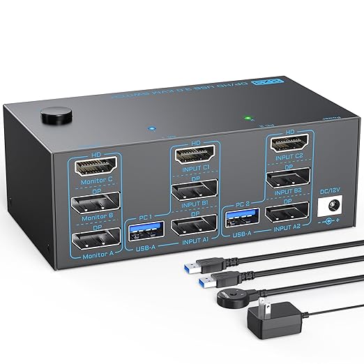 8K KVM Switch 3 Monitors 2 Computers Triple Monitor 2 Displayport 1.4 and HDMI by DXCHIP