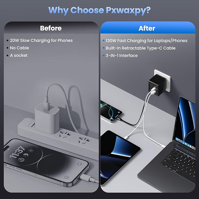 130W USB C Wall Charger, GaN III 3-Port Fast Charging Station, PD QC Foldable - Image 7