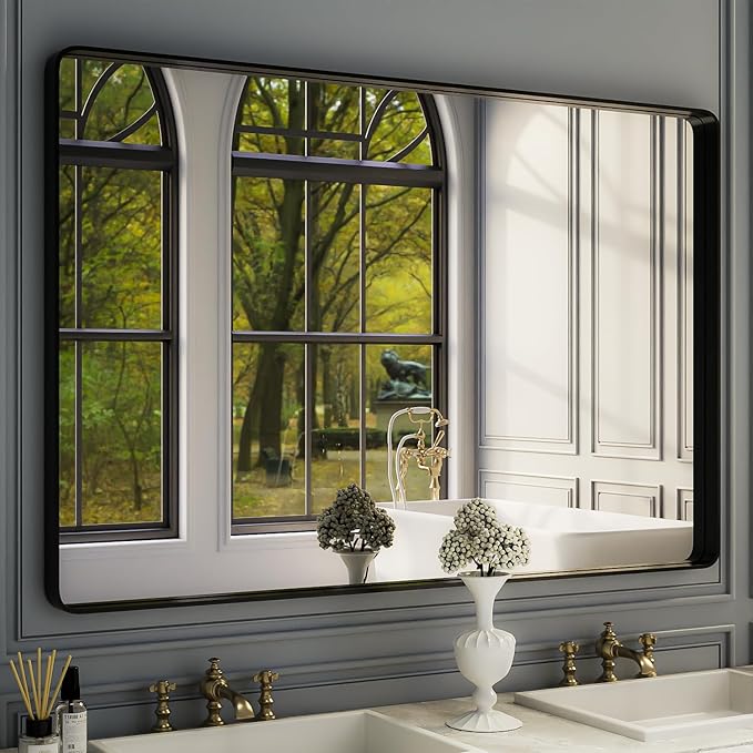 ISKM Black Framed Mirror for Bathroom 60" x 40" Matte Black Bathroom Vanity by ISKM-IStillKeepMovin