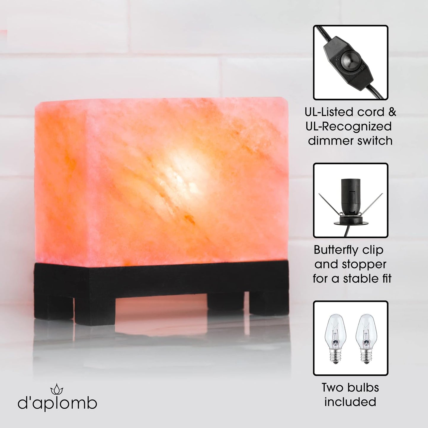 d'aplomb Natural Himalayan Salt Lamp;Hand-Carved Modern Rectangle Rare Pink | 100% Authentic Crystal Rock Salt from The Himalayan Mountain; Footed Wood Base, Dimmer Cord; 11.5 lbs