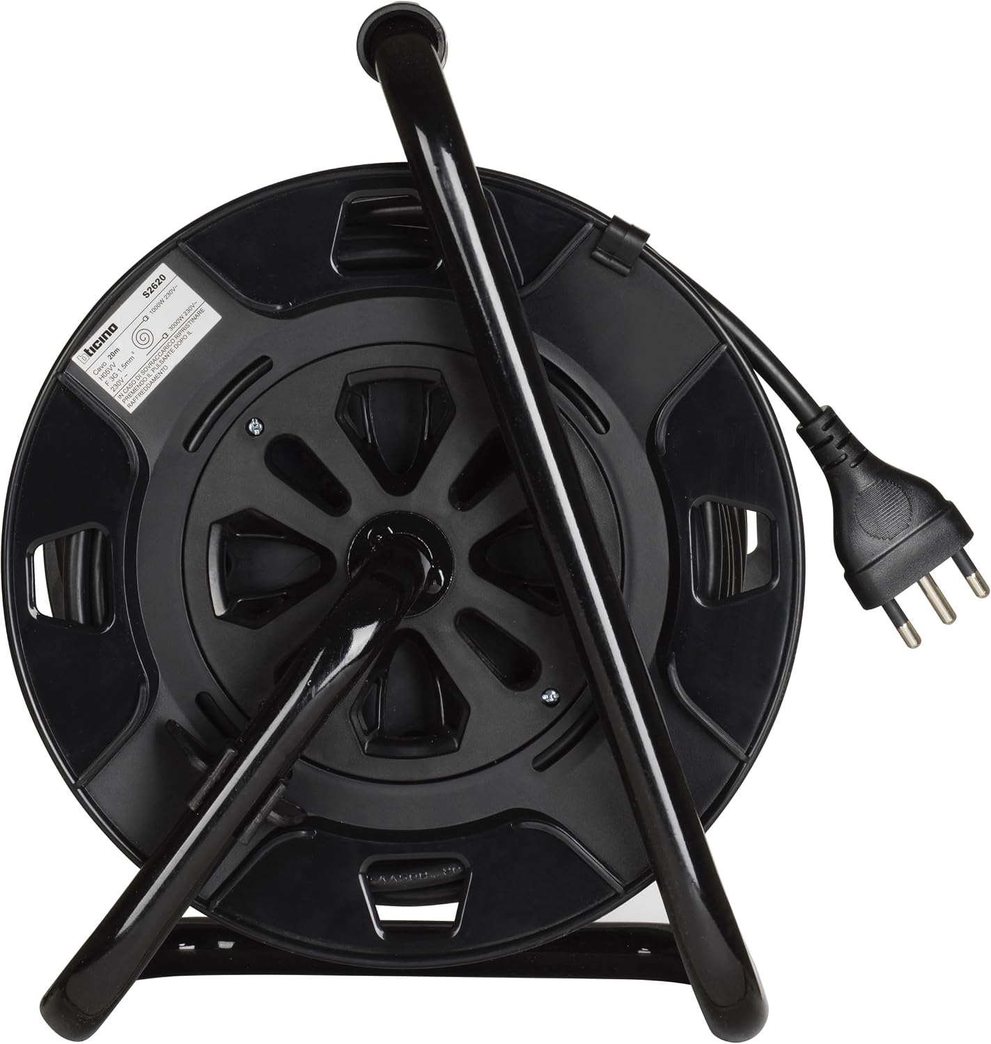 BTICINO Cable Reel S2620, Electric Extension 20 Metres, 4 Schuko Sockets, Double Pole, Large 16 A Plug, Thermal Switch, Ergonomic Handle, Cable Holder and Cable Reel, Full Black