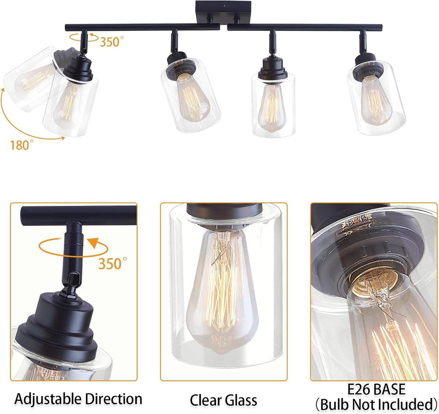 4-Light Black Ceiling Track Lighting E26 Clear Glass Light Fixture | Black metal 4 adjustable heads, clear glass semi flush mount E26 track light for kitchen, bathroom, living room