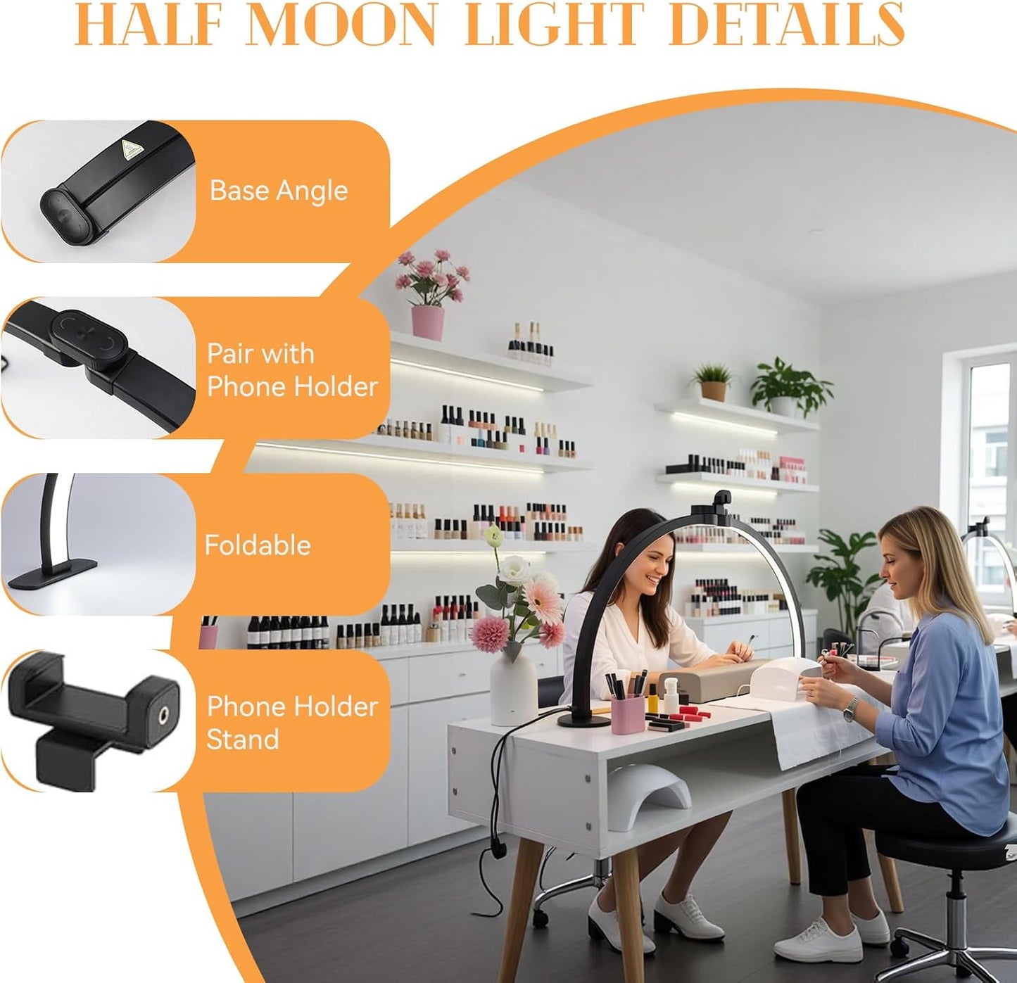 Kadden Foldable Large Half Moon LED Light for Table Nail Desk with Phone Stand, Upgrade Arch Light for Nail Techs with Wire Controller for Manicure Tattoo Beauty (Black, Large)