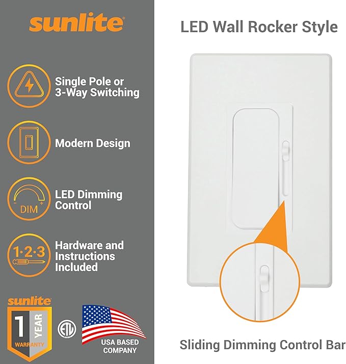 Sunlite LED Wall Rocker Style, Slide Bar Triac Dimmer Switch, Screwless Wall - Image 3