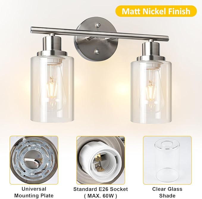 Unicozin 2 Light Vanity Lights, Brushed Nickel Wall Sconce Light - Image 4
