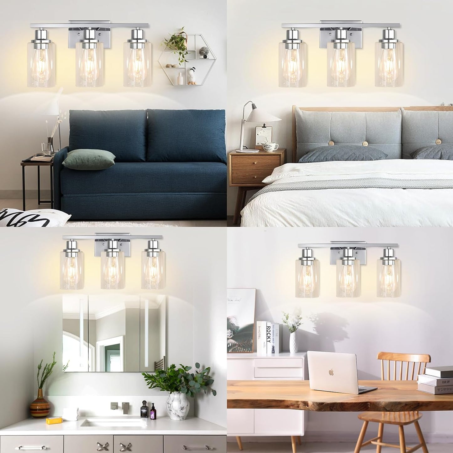 3 Light Vanity Light Fixtures, Polished Chrome Bathroom Wall Sconces, Modern Wall Lights with Clear Glass Shades, Bathroom Wall Lamp over Mirror Kitchen Bedroom Living Room Hallway Cabinet Porch