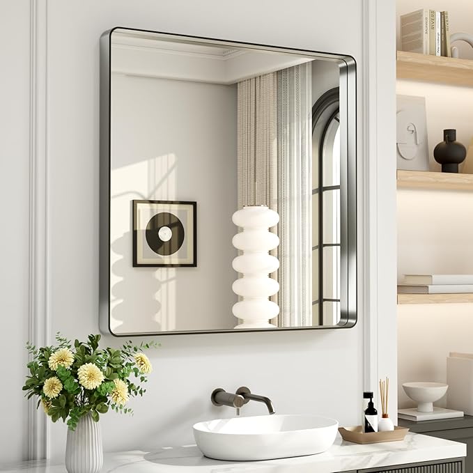 LOAAO 30X30 Inch Brushed Nickel Bathroom Mirror, Rounded Rectangle Silver Metal - Image 7