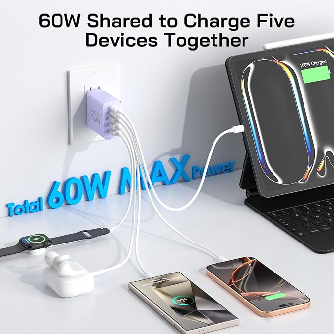 2Pack USB C Fast Charger Block, Total 60W 5-Port USB C Wall Charger 30W Type C - Image 4
