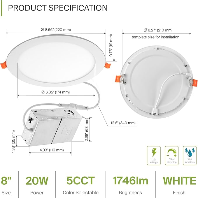 ASD 1 Pack 8 Inch LED Recessed Light 20W, 5 CCT 2700K-5000K CRI90+, IC Rated - Image 2