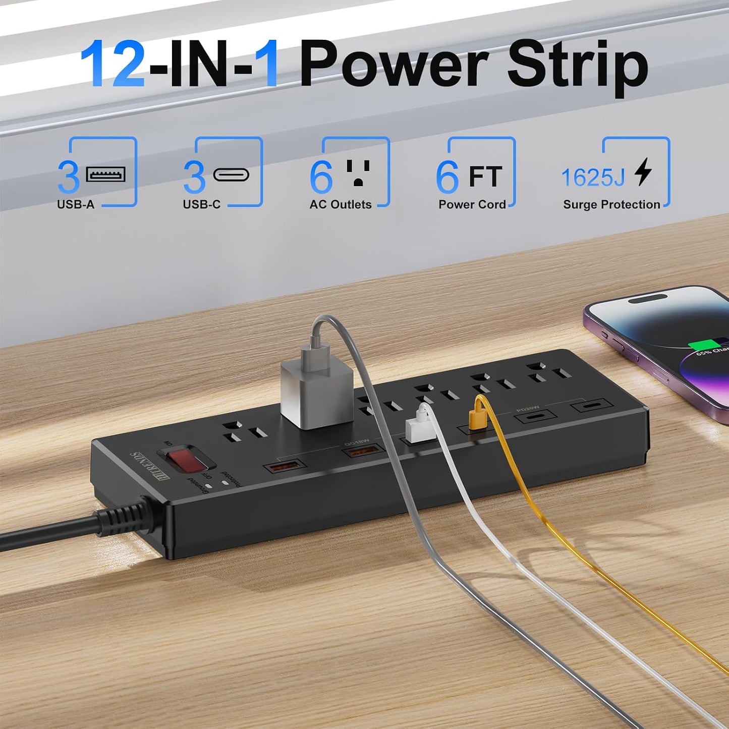Power Strip, HITRENDS Surge Protector with 6 AC Outlets & 6 USB Ports (3 USB-C & 3 USB-A), 20W PD Fast Charging USB-C, 6 Ft Flat Plug Extension Cord with Multiple Outlet, 1625W/13A, for Home Office