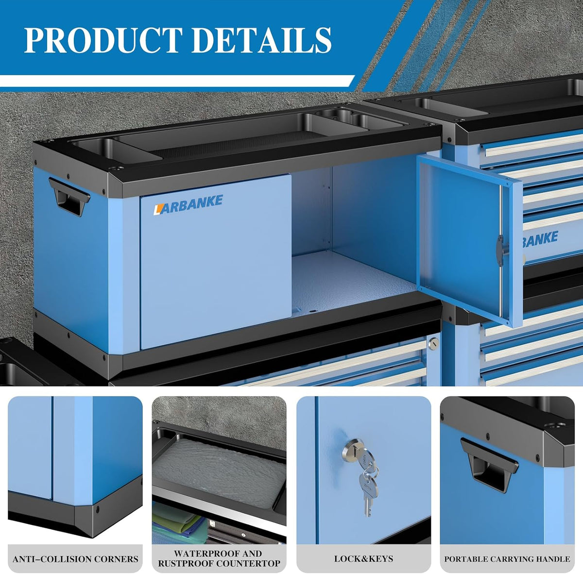 larbanke heavy-duty lockable double-door tool box with multifunctional showing dimensions