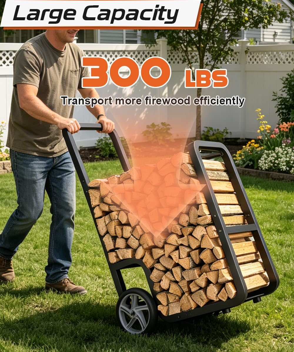300 lbs firewood rack cart, large-capacity rolling log, close-up detail