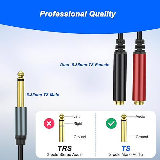 XMSJSIY 1/4" 6.35mm TS Mono Splitter 1 to 2 Audio Y Splitter Cable Adapter - Image 5