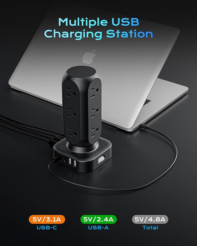 Tower Surge Protector Power Strip, Flat Plug 10FT Extension Cord - Image 3