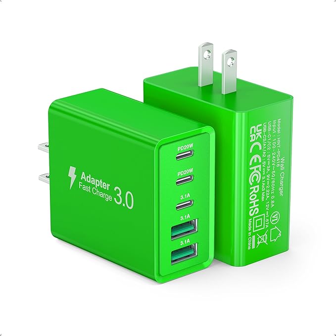 2 Pack 60W USB C Fast Charger Block, 5-Port Type C Wall Charger Brick, 2 USB A by Qwinjwin