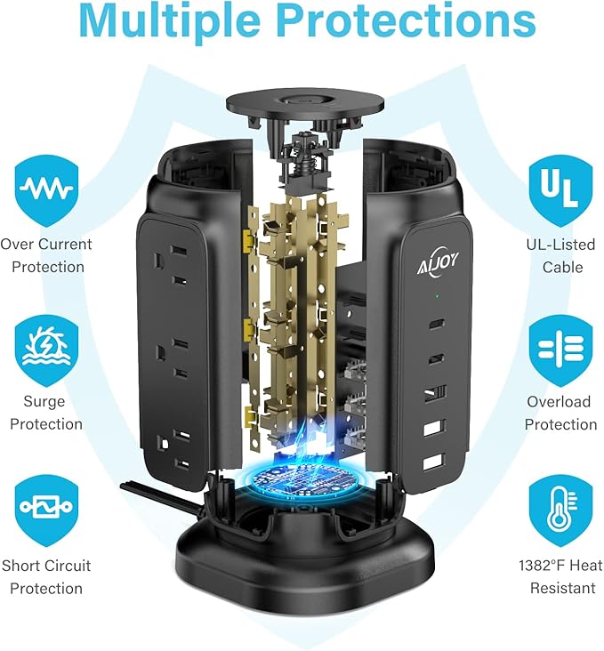 AiJoy Power Strip Tower with 9 AC Outlets and 5 USB Ports, Flat Plug 1625W - Image 5
