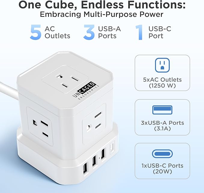 Uncaged Ergonomics Cube Power Strips w/Surge Protection, 10ft Extension Cord - Image 2
