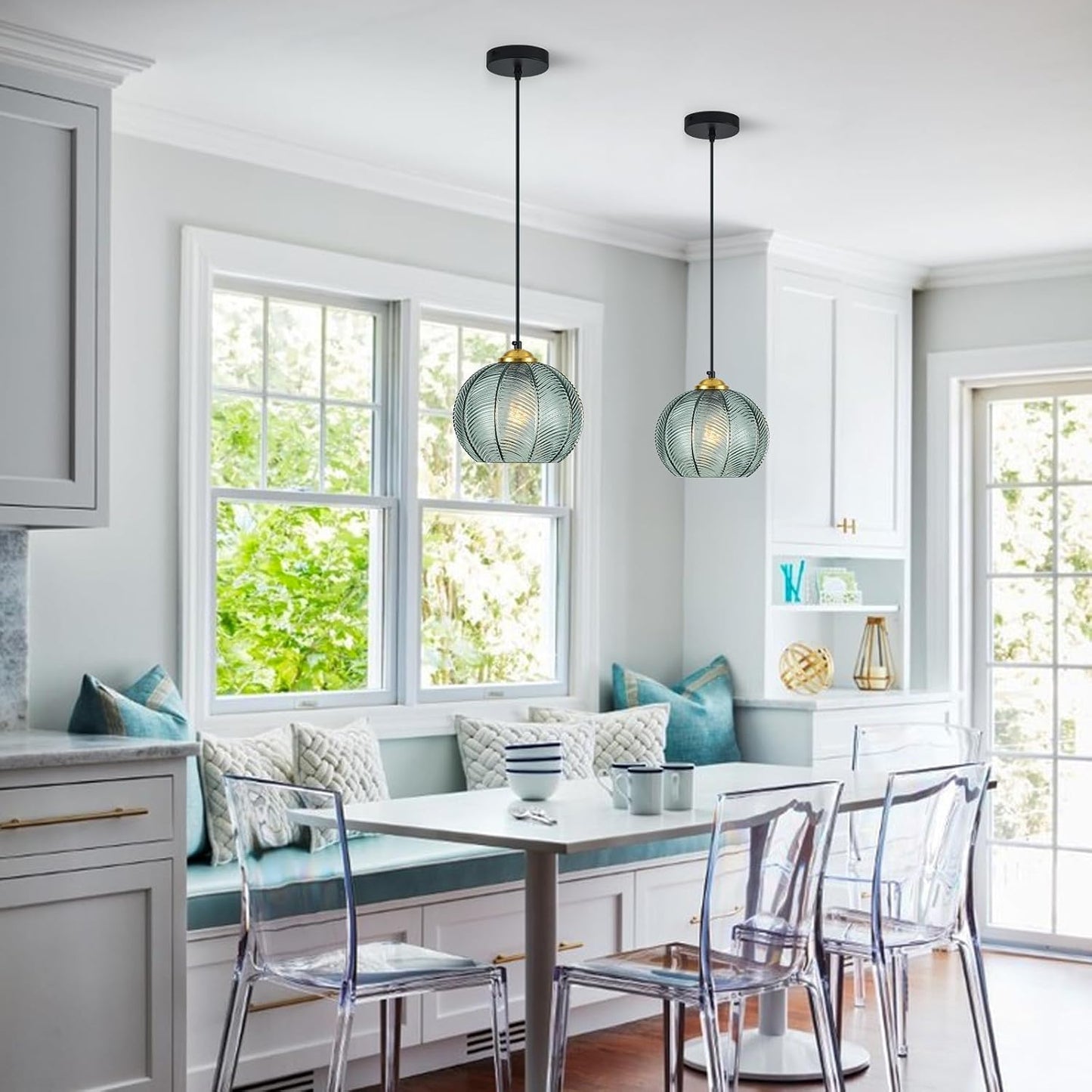 Gray Green Glass Pendant Lights Kitchen Island 2 Pack 7.87 in Hand Blown Glass Globe Pendant Light Fixtures Modern Pendant Lighting for Kitchen Island Bedroom Dining Room