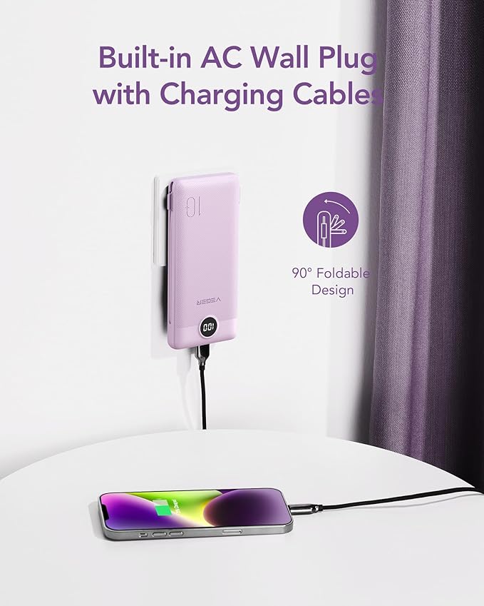 VEGER Portable Charger for iPhone Built in Cables and Wall Plug, 10000mah Slim - Image 3