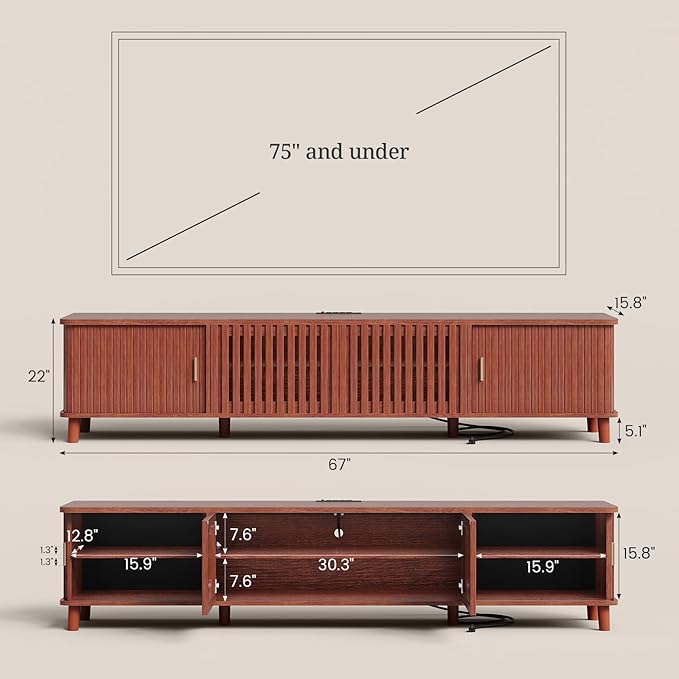 UPOSOJA TV Stand with Fluted Sliding Doors & Adjustable Shelves, Charging - Image 2