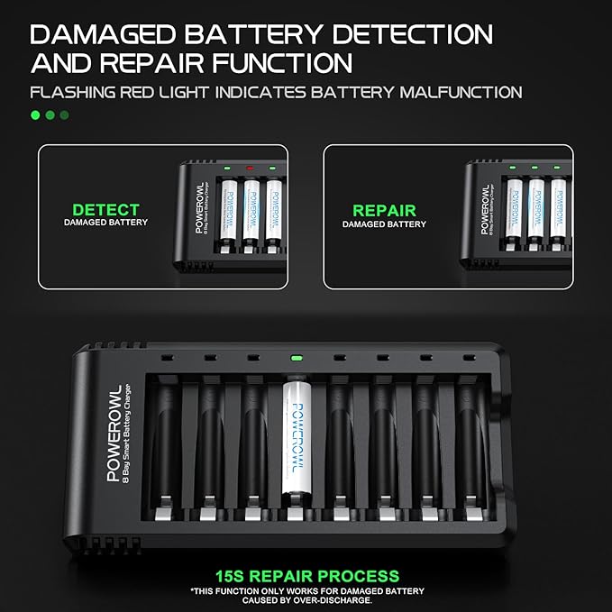 POWEROWL 8 Bay AA AAA Battery Charger, USB High-Speed Charging, Independent Slot - Image 4