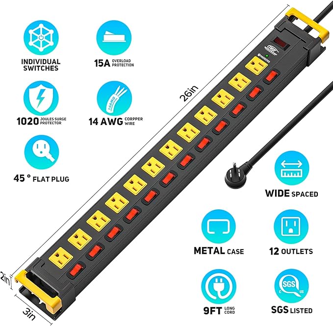 CRST 12 Outlet Heavy Duty Metal Power Strip - Image 2