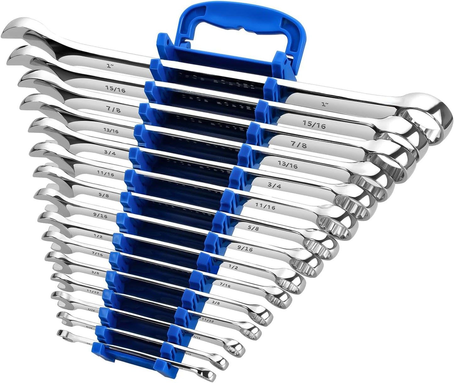 Max Torque 15-Piece Premium Combination Wrench Set, Complete SAE Inch Sizes from 1/4” to 1” with Rack Organizer | Cr-V Steel, Mirror Chrome Finish, Long Pattern, V-Groove Open End and 12-Point Box End