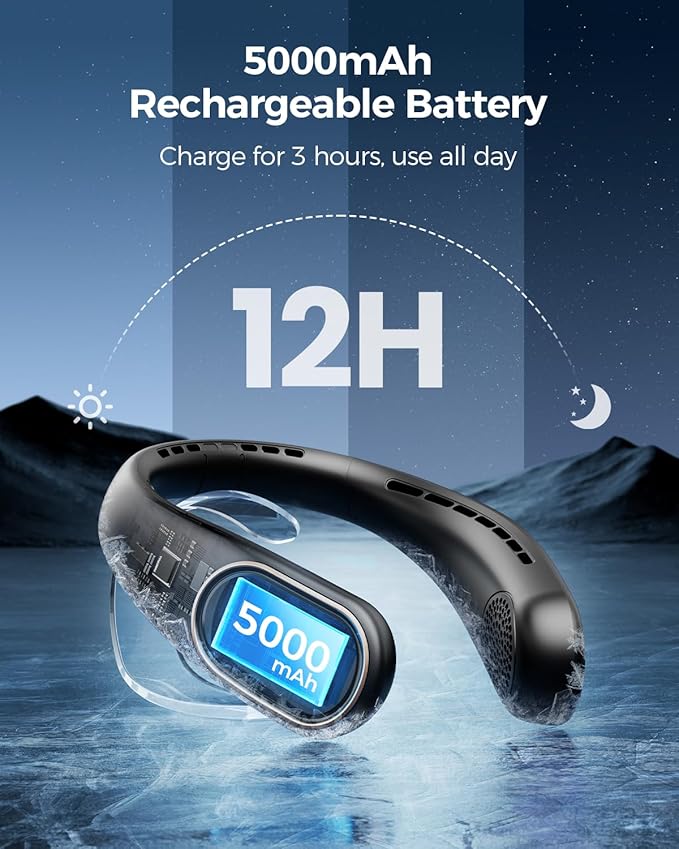 SHEWIND Portable Neck Fan - 5000mAh Rechargeable Hands-Free Wearable Fan | 4 - Image 3