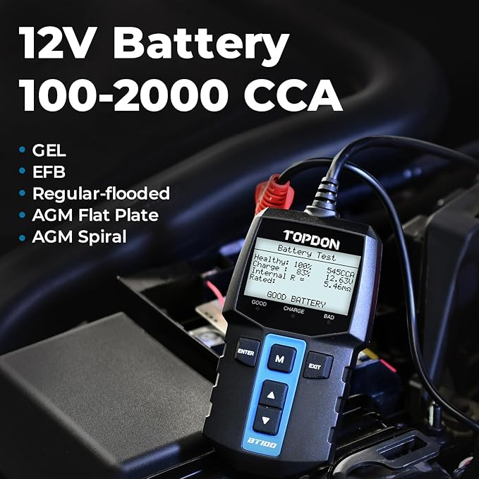 TOPDON BT100 Car Battery Tester 12V Load Tester, 100-2000 CCA Automotive - Image 3