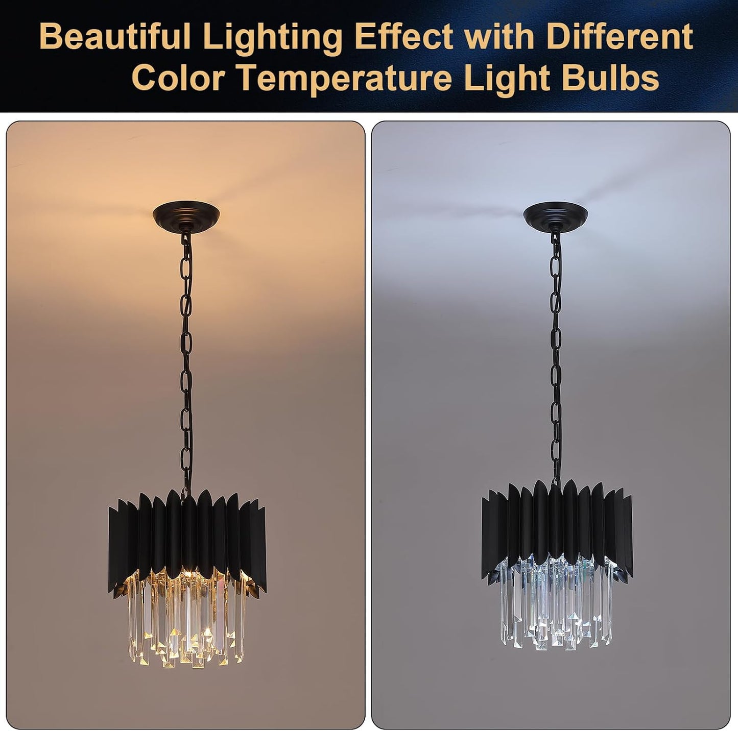 Black Crystal Chandelier Small K9 Crystal Round Pendant Lights 11.8in Adjustable Modern Crystal Ceiling Pendant Light Fixture 3-Lights for Dining Room Living Room Kitchen Foyer Entryway