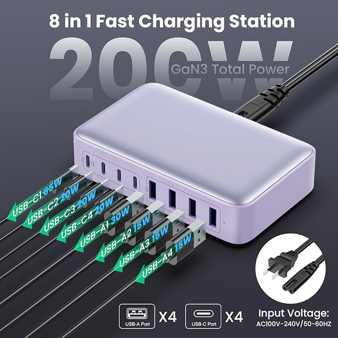 USB C Charger 200W USB C Charger Block GaN III 8-Port Fast Charging Station PD - Image 4