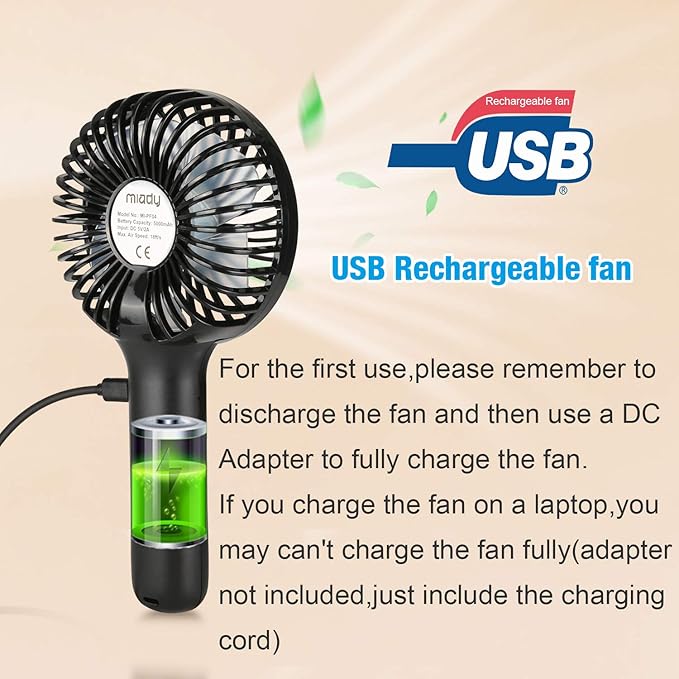 Miady 2-Pack Upgraded 5000mAh Portable Handheld Fan 3 Speed Mini USB Strong - Image 5