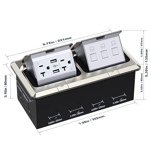 KYHSHJ Dual Pop-Up Floor Electrical Outlet Box Kit，20 Amp Stainless Steel USB - Image 4