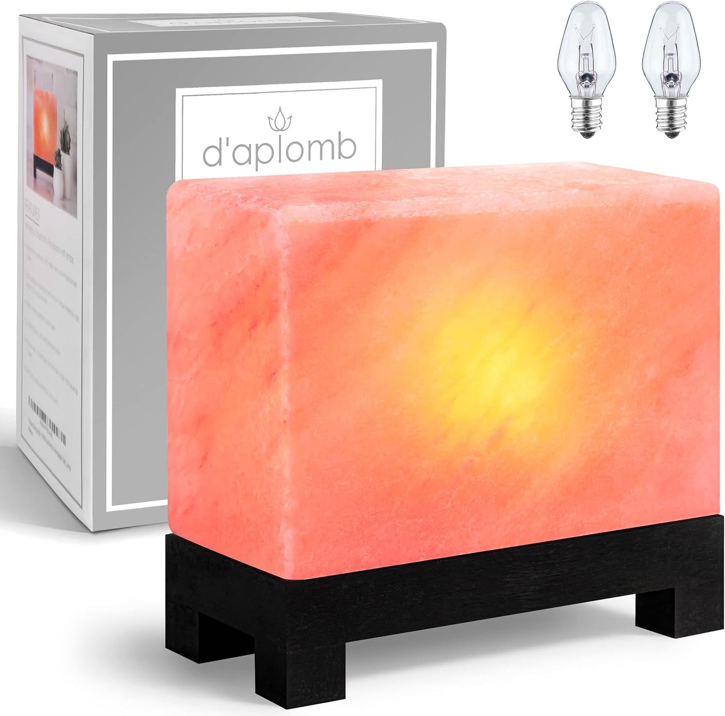 d'aplomb Natural Himalayan Salt Lamp;Hand-Carved Modern Rectangle Rare Pink | 100% Authentic Crystal Rock Salt from The Himalayan Mountain; Footed Wood Base, Dimmer Cord; 11.5 lbs
