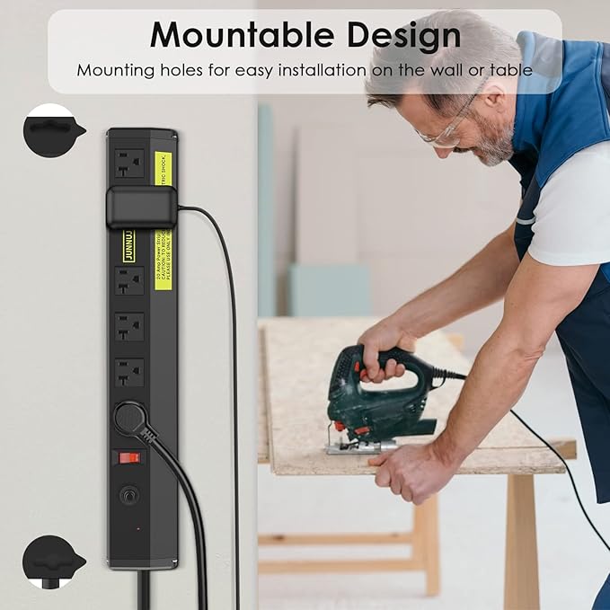 JUNNUJ Heavy Duty Metal Power Strip 20 Amp, High Amp Surge Protector 6 Outlet - Image 4