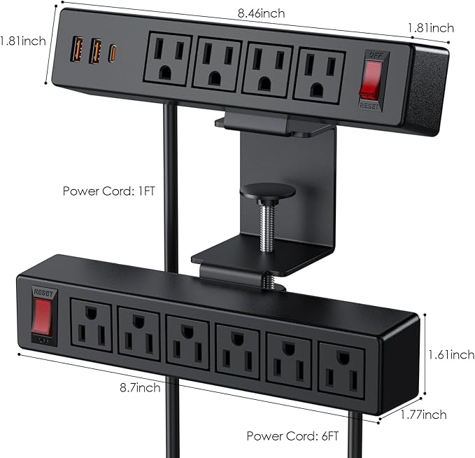 Dual Layer Desk Clamp Power Strip Surge Protector, Under Desk Power Strip - Image 6