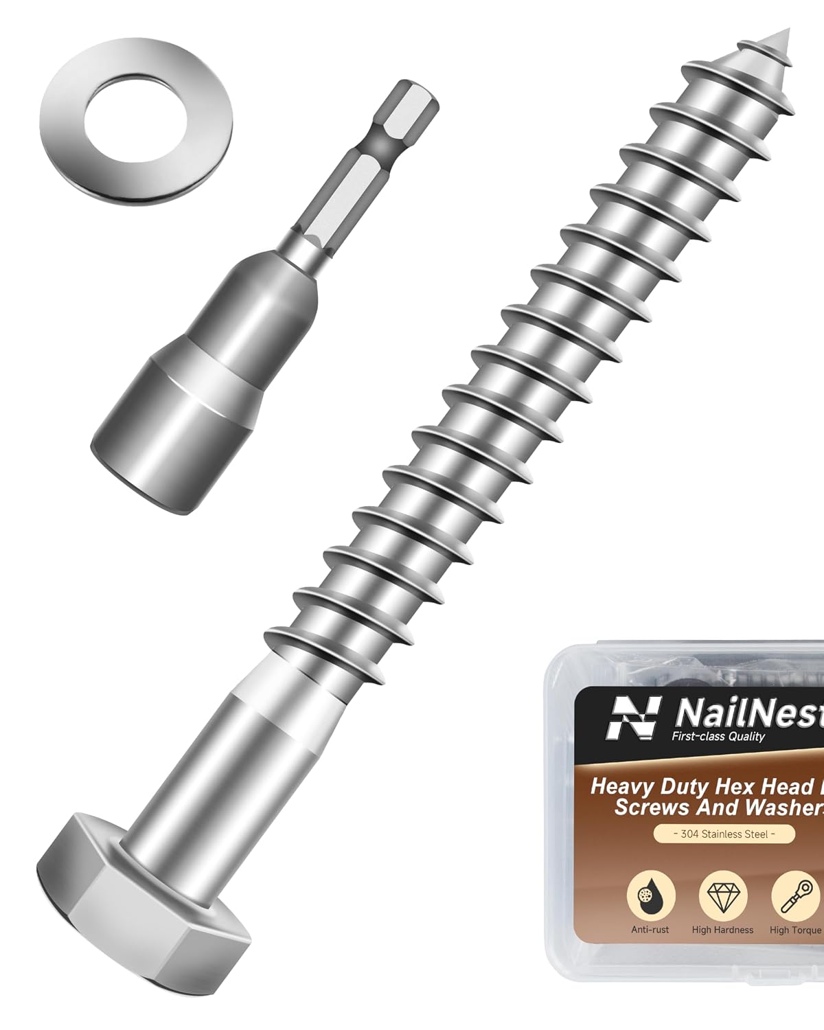 (1Box) 3/8" x 3" Hex Head Lag Screws Bolts with Flat Washers, 10Sets 304 Stainless Steel 18-8 Heavy Duty 3/8 Lag Bolts for Wood with Hex Socket