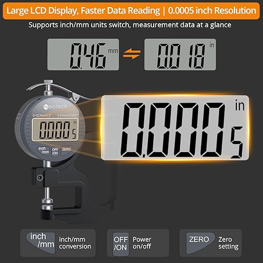 Neoteck Digital Thickness Gauge 0.5inch/12.7mm, 0.0005inch/0.01mm LCD Display - Image 3