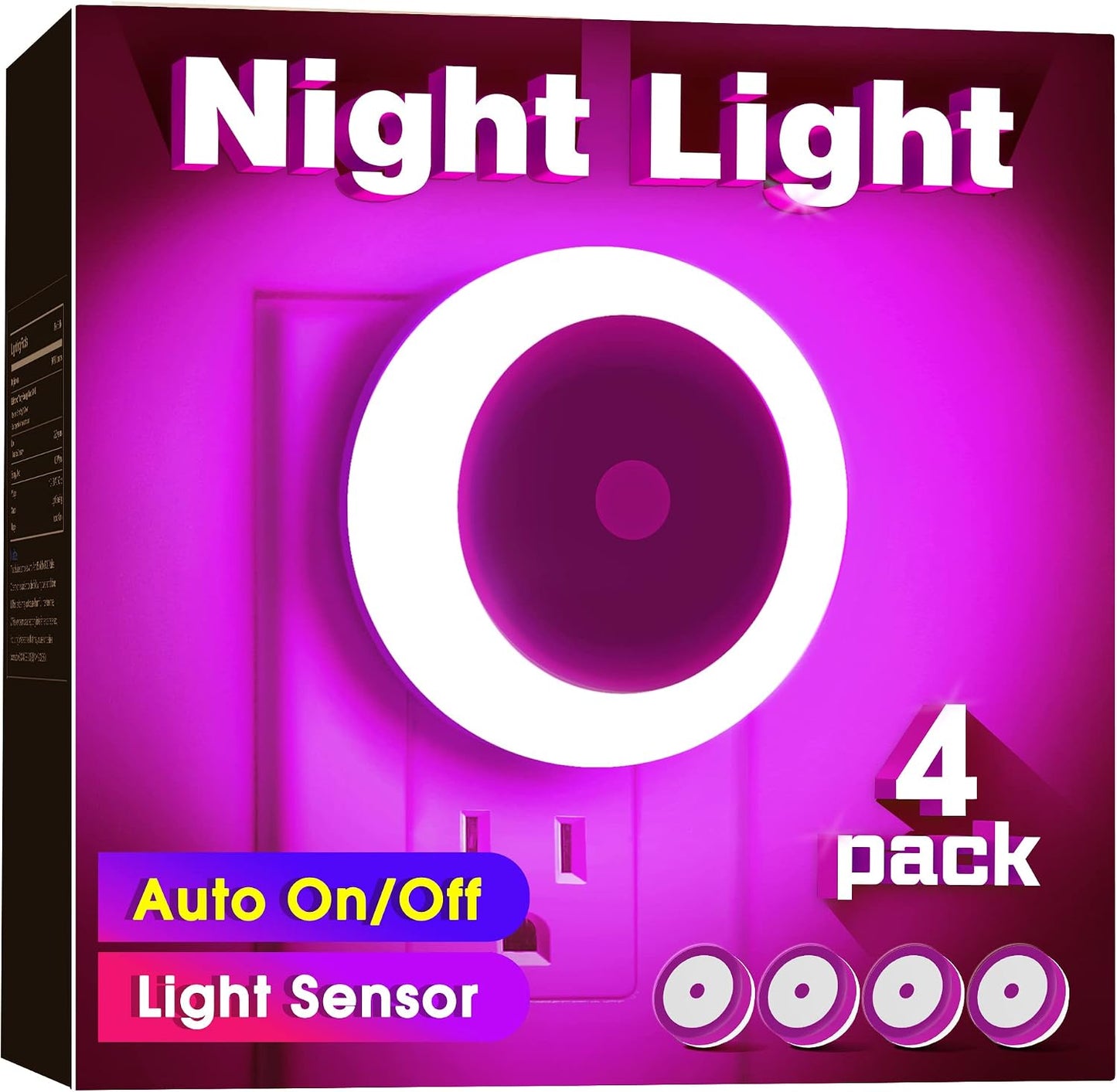 Purple Night Light, Night Lights Plug into Wall [4Pack] | Nightlight with Light Sensors for Kids Room, Baby Night Light, Bathroom Stair Lights, Hallway Light