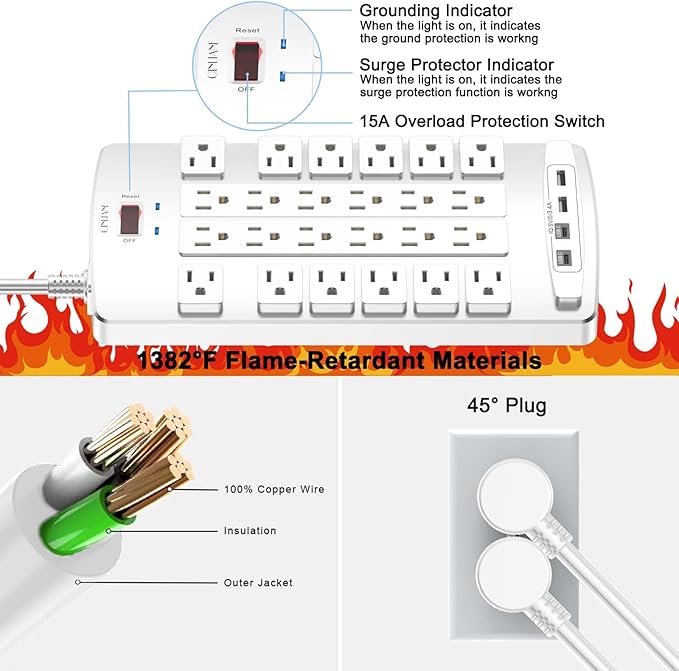 QINLIANF Surge Protector Power Strip - 10Ft Flat Plug Heavy Duty Extension Cord - Image 6