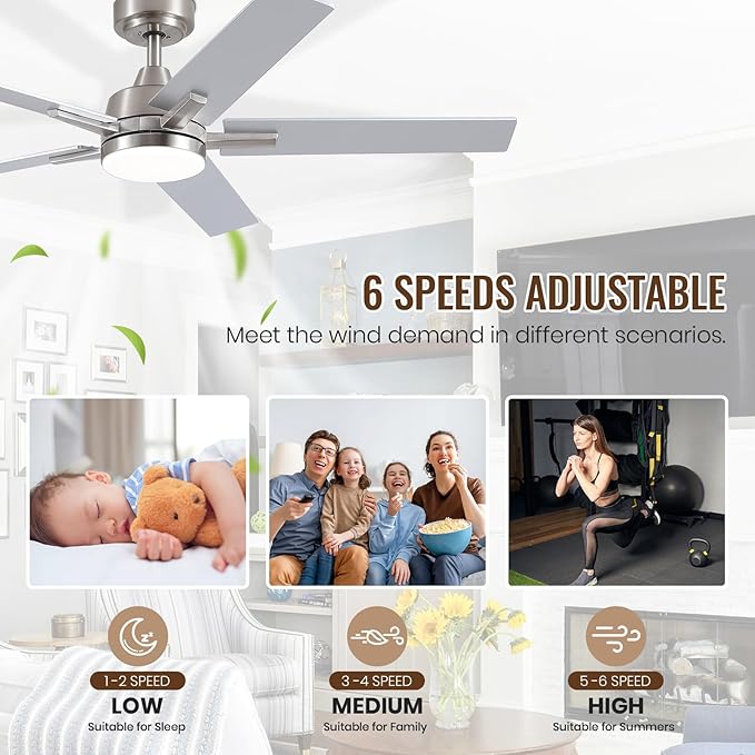 SODSEA Ceiling Fans with Lights, 52 inch Nickel Ceiling Fan with Light and - Image 5