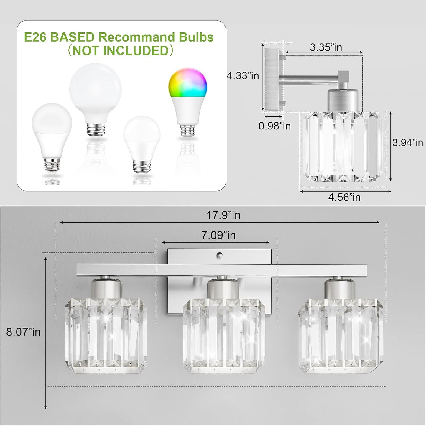 comzler 3-Light Bathroom Light Fixtures Over Mirror, Brushed Nickel Crystal Wall Sconce with E26 Base for Mirror Kitchen Living Room Bathroom, Square Crystal Shades (Bulbs Excluded) | Wall Sconce with E26 Base for Mirror Kitchen Living Room Bathroom
