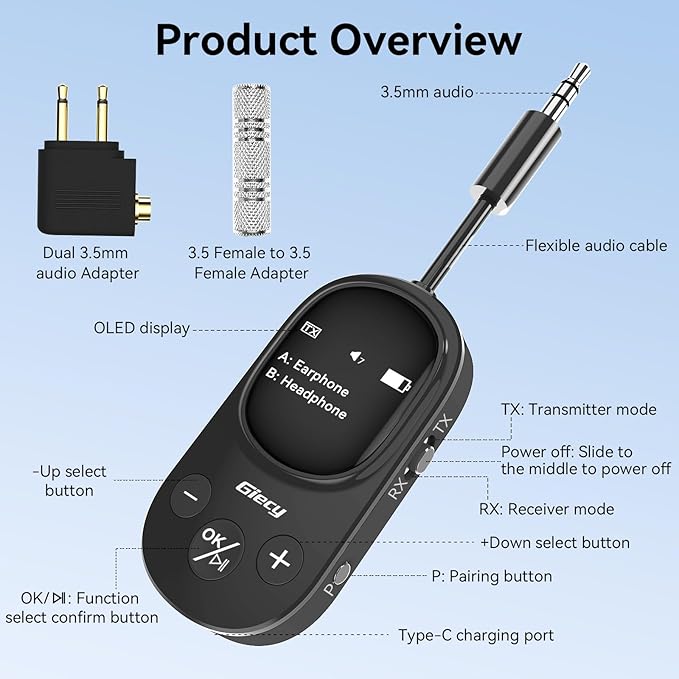 Giecy Airplane Bluetooth 5.3 Transmitter Receiver Adapter, Supports 2 AirPods - Image 4