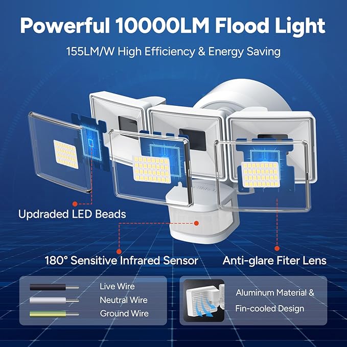 OREiN 10000LM Super Bright LED Flood Light Outdoor, Hardwired Motion Sensor - Image 3