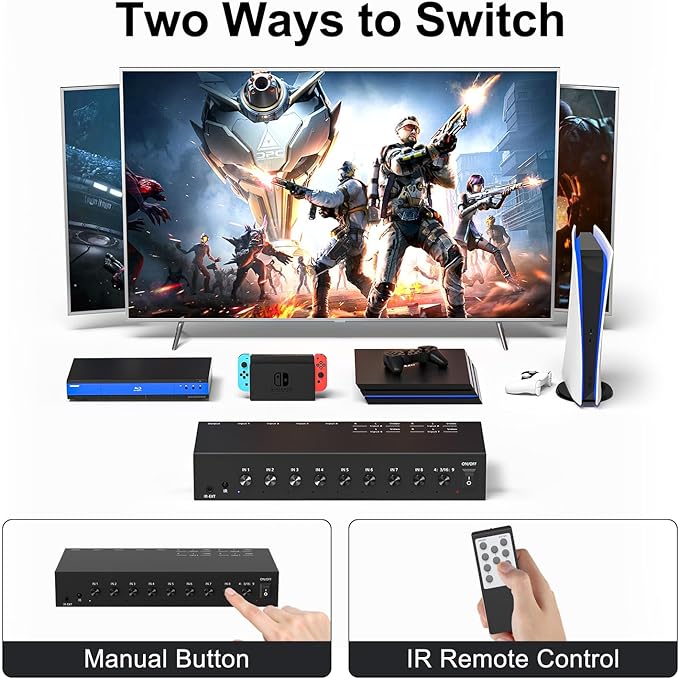 8 in to 1 Out RCA/HDMI Switcher，4 Way HDMI 2.0 + 4 RCA to HDMI - Image 3