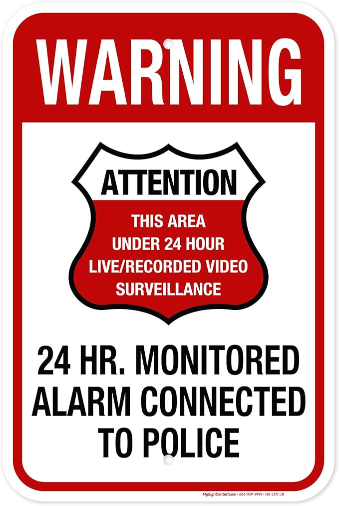Warning 24 HR. Monitored Alarm Connected To Police Sign, 12x18 Inches, Rust by MySignCenter
