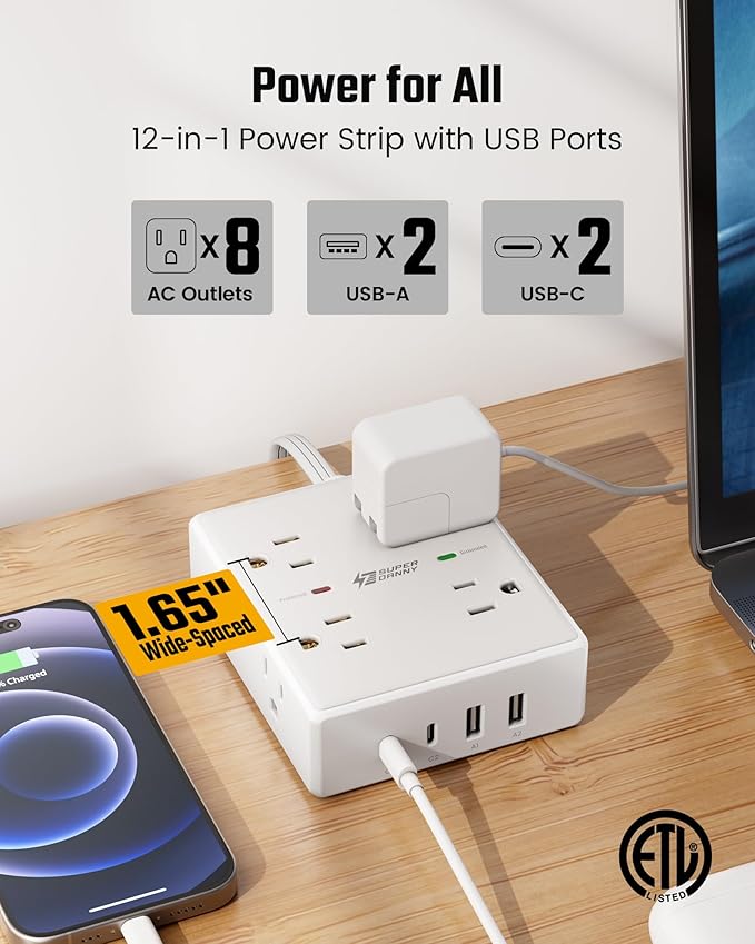 20Ft Long Extension Cord, Flat Plug Power Strip - Image 3