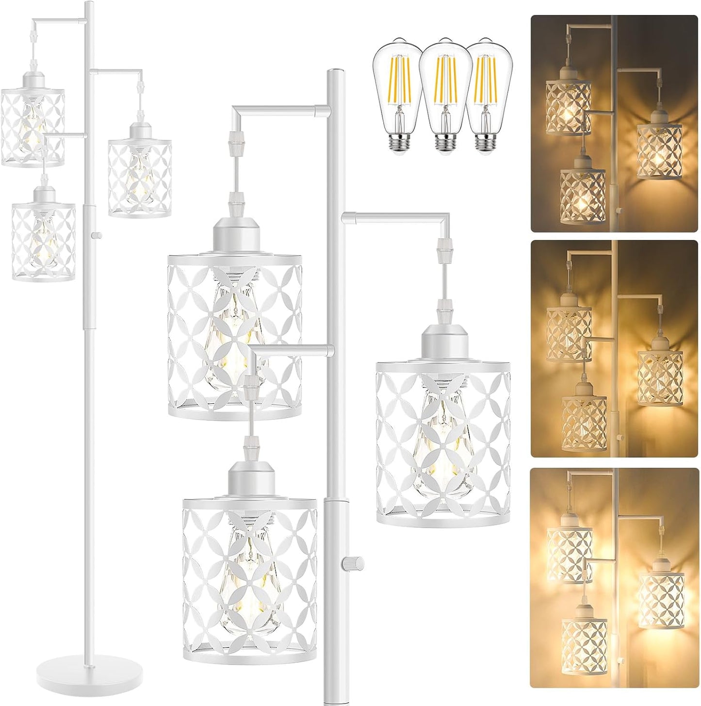 Dimmable Floor Lamp, Farmhouse Standing Lamp with Elegant Metal Cage, Industrial Tall Tree Floor Lamps for Living Room Bedroom Study Room Office, 3 x 800LM LED Bulbs Included - 68", White
